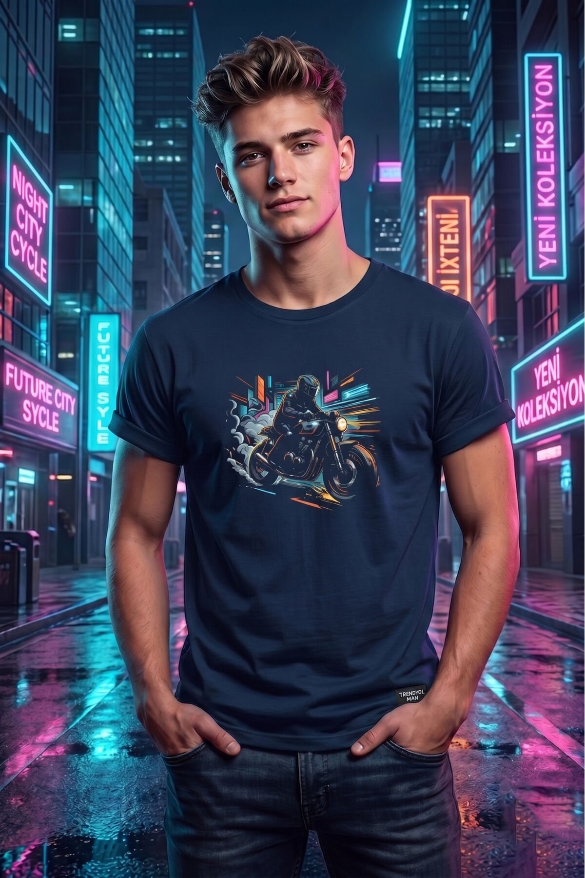Unisex Neon Cyberpunk Motosiklet Baskılı Özel Tasarım %100 Pamuklu Bisiklet Yaka Tişört T-shirt Lacivert - M
