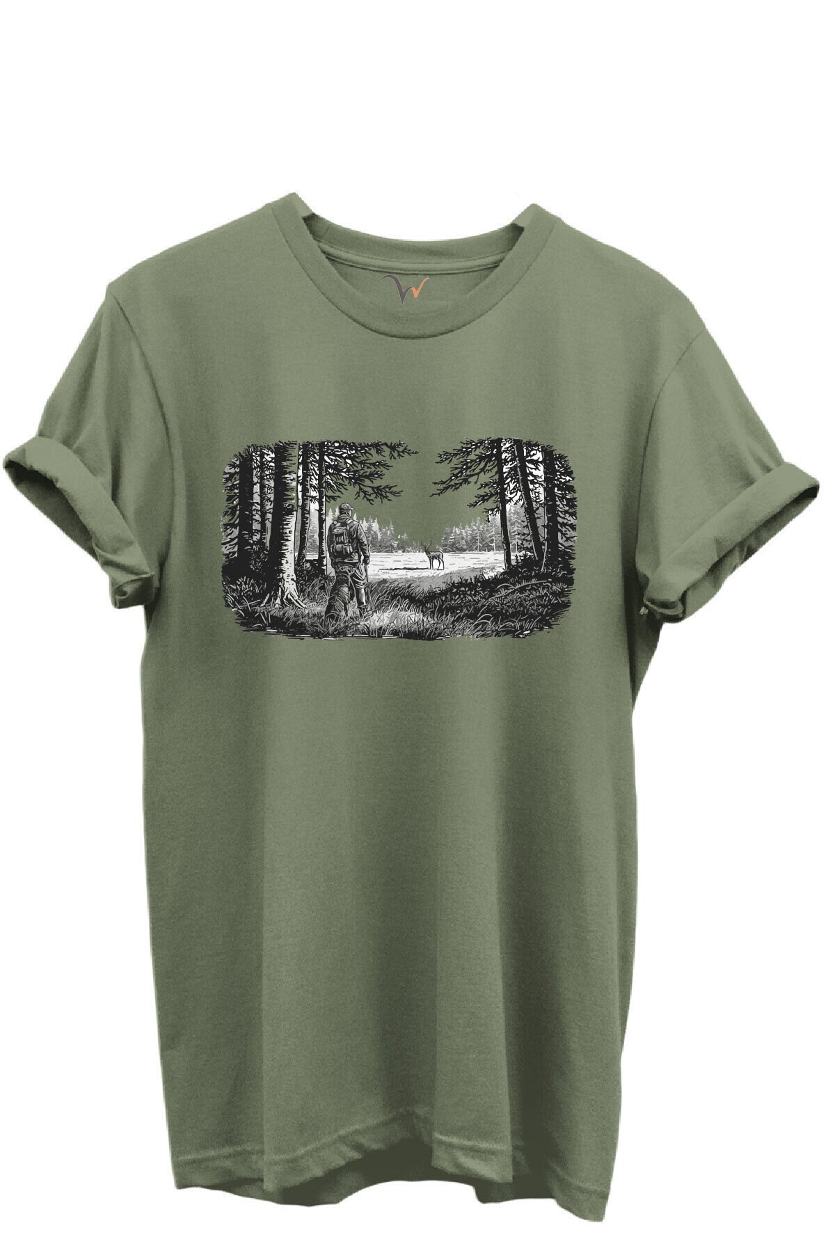 Avcı ve Geyik Orman Manzarası Çizim Baskılı %100 Pamuk Regular Fit Bisiklet Yaka Unisex T-shirt Haki - XL