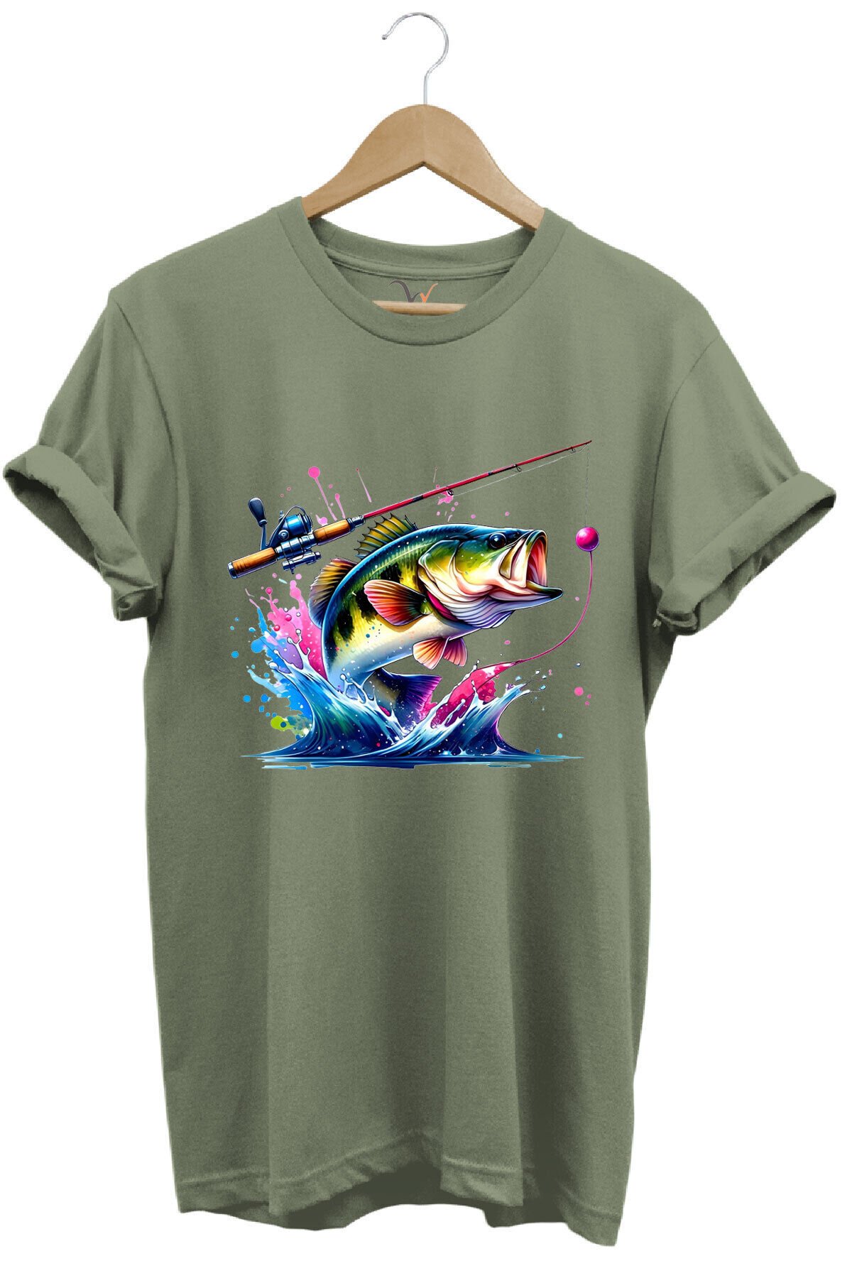 Fishing Balıkçılık Renkli Levrek Balığı Baskılı Avcılık %100 Pamuk Regular Fit Unisex T-Shirt Haki - L