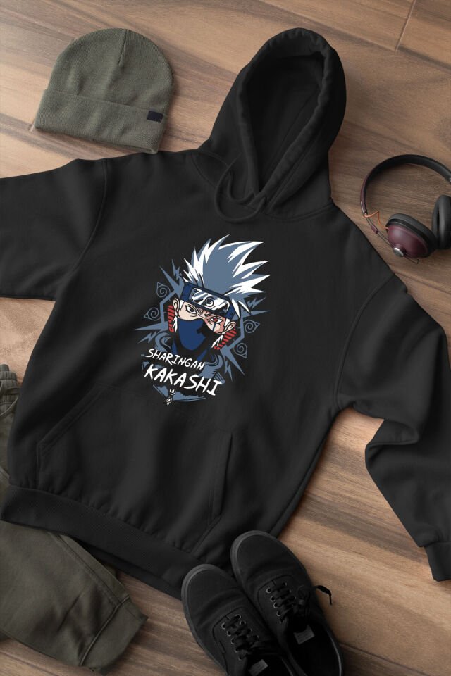 Anime Baskılı Kakashi Regular Fit Pamuk Siyah Sweatshirt