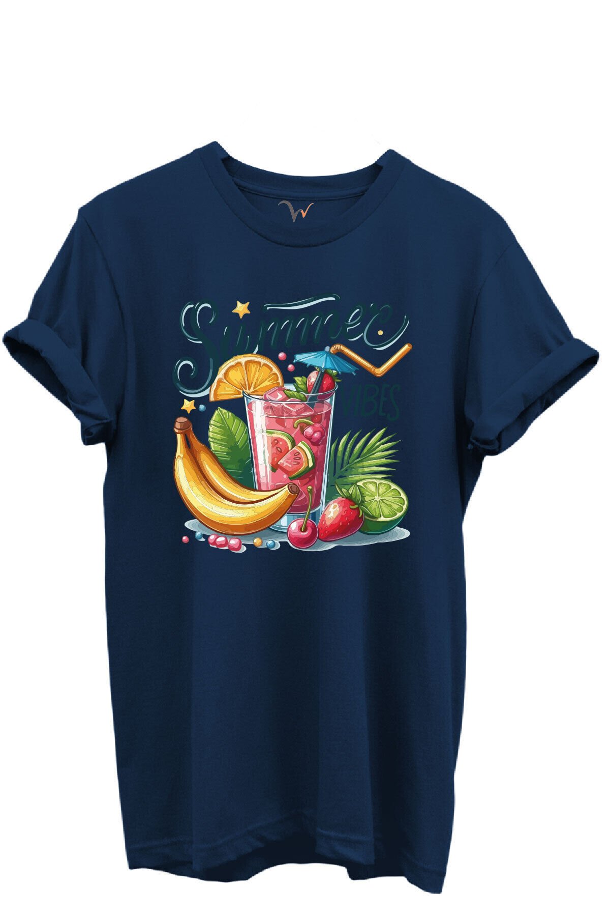 Summer Vibes Yazılı Meyve Kokteyli ve Tropik Desenli %100 Pamuk Regular Fit Unisex T-Shirt Lacivert - L