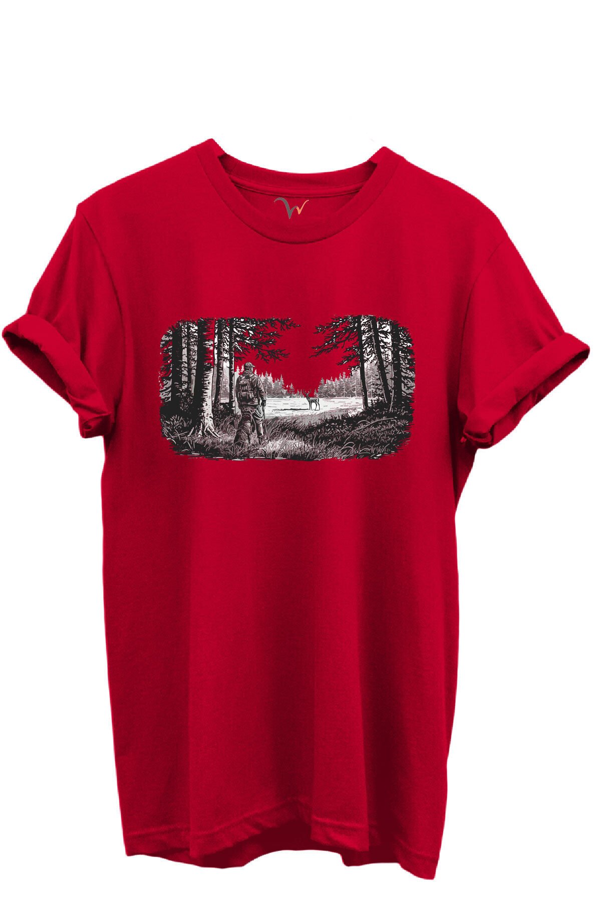 Avcı ve Geyik Orman Manzarası Çizim Baskılı %100 Pamuk Regular Fit Bisiklet Yaka Unisex T-shirt Kırmızı - 3XL