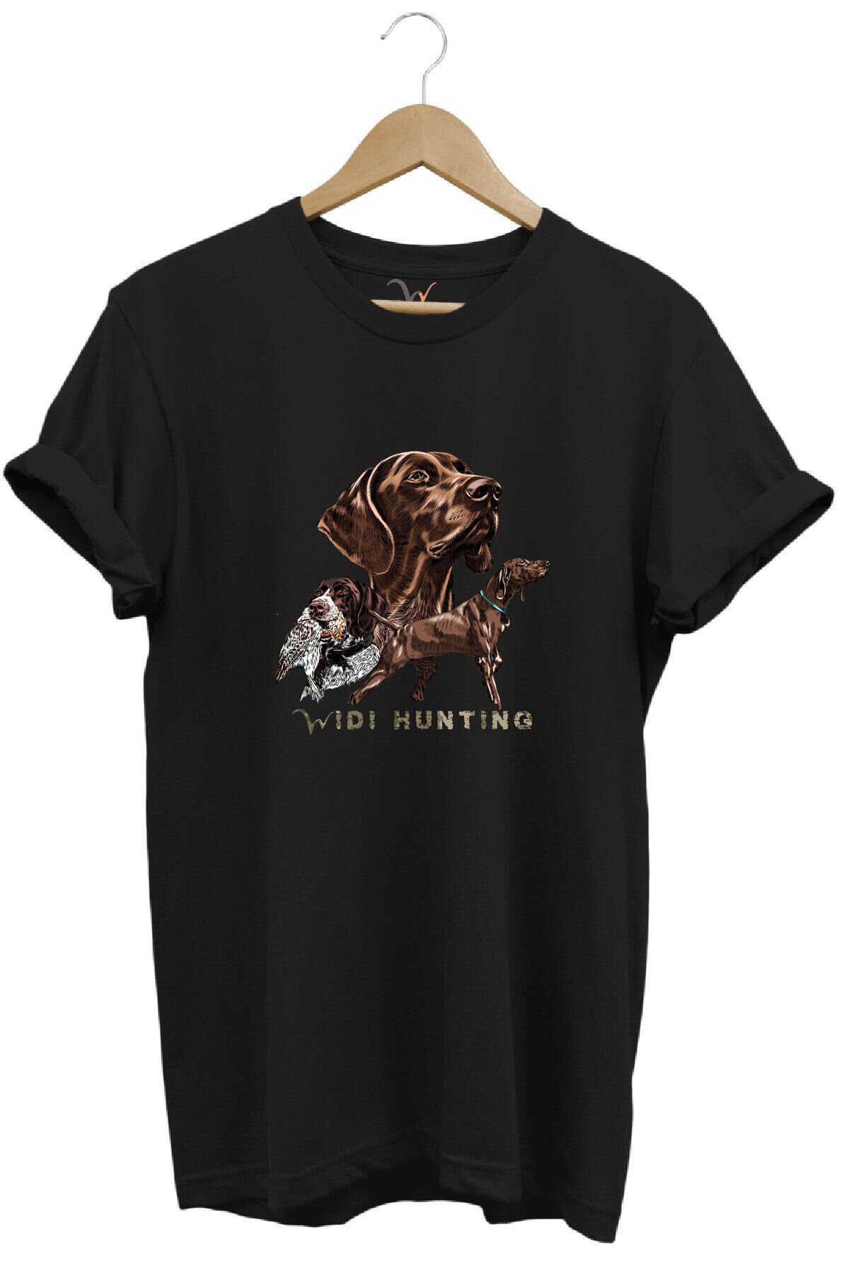 Avcılık Hunter Kurzhaar Av Köpeği ve Çulluk Baskılı %100 Pamuk Regular Fit Unisex T-Shirt Siyah - 3XL