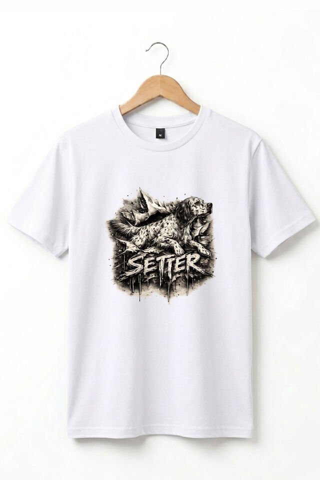 Unisex English Setter Köpek Baskılı Özel Tasarım Hunting Doğa %100 Pamuk Basic T-Shirt Beyaz - 3XL