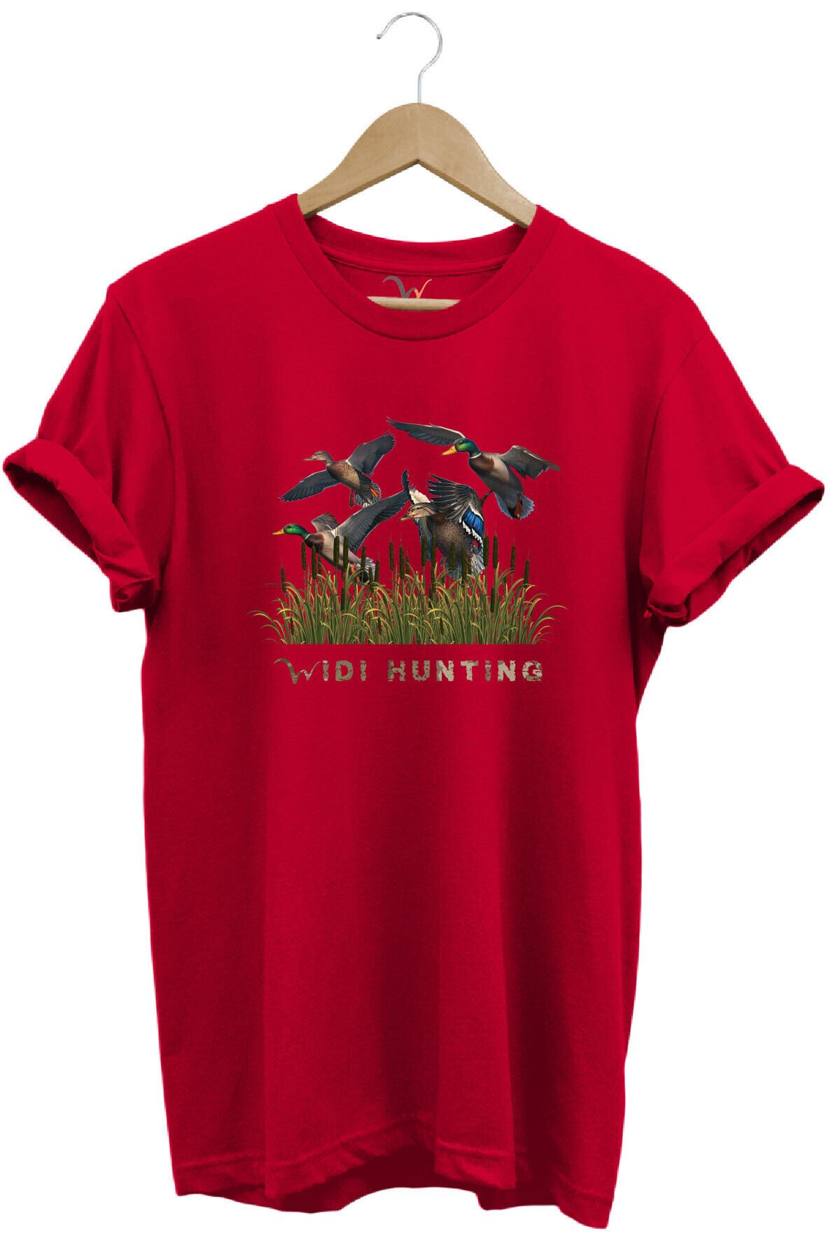 Widi Hunting Avcılık Ördek Avı Baskılı %100 Pamuk Regular Fit Bisiklet Yaka Mavi T-shirt Kırmızı - XL