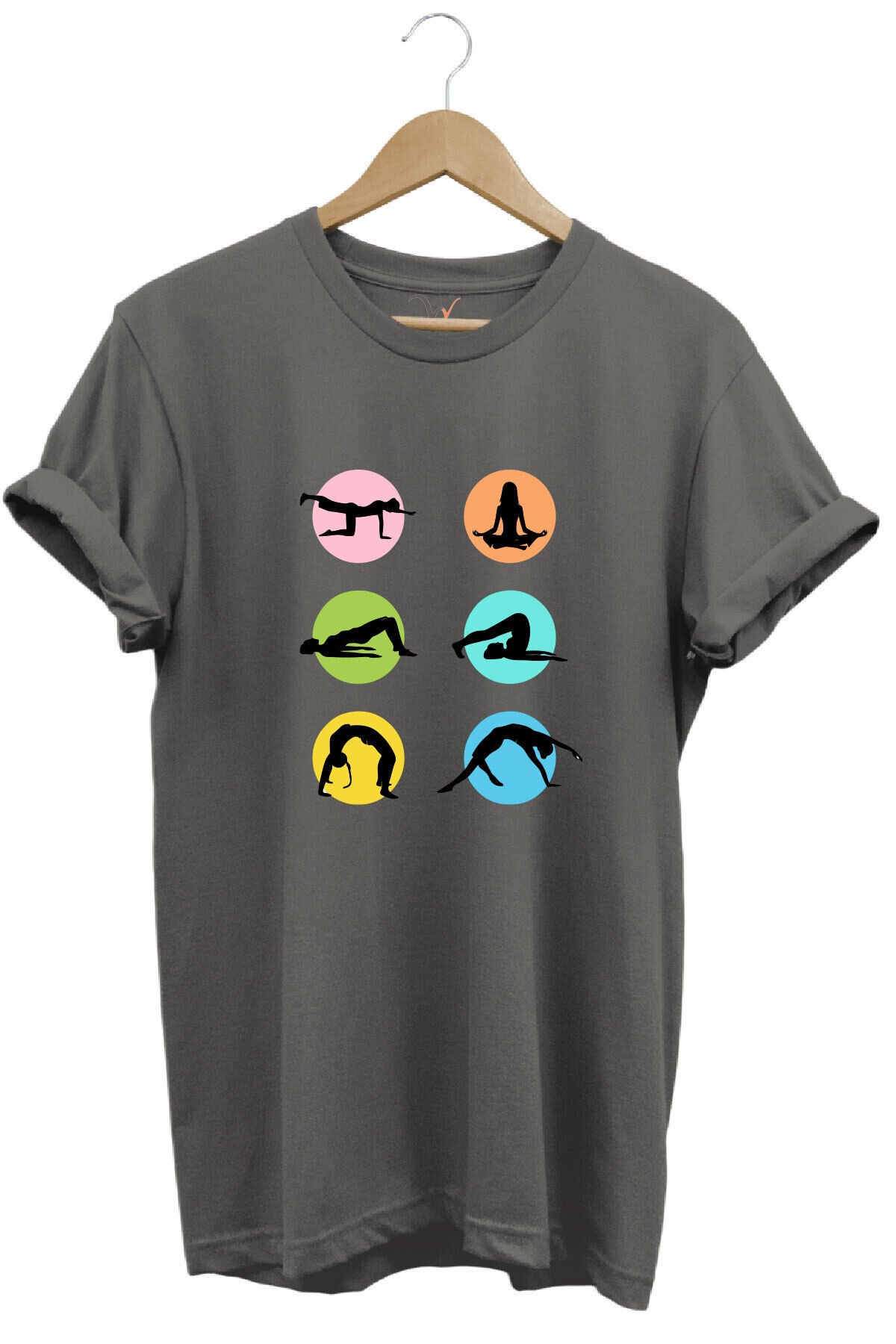 Yoga Meditasyon Hareketleri Baskılı %100 Pamuk Regular Fit Bisiklet Yaka Mavi T-shirt Gri - S