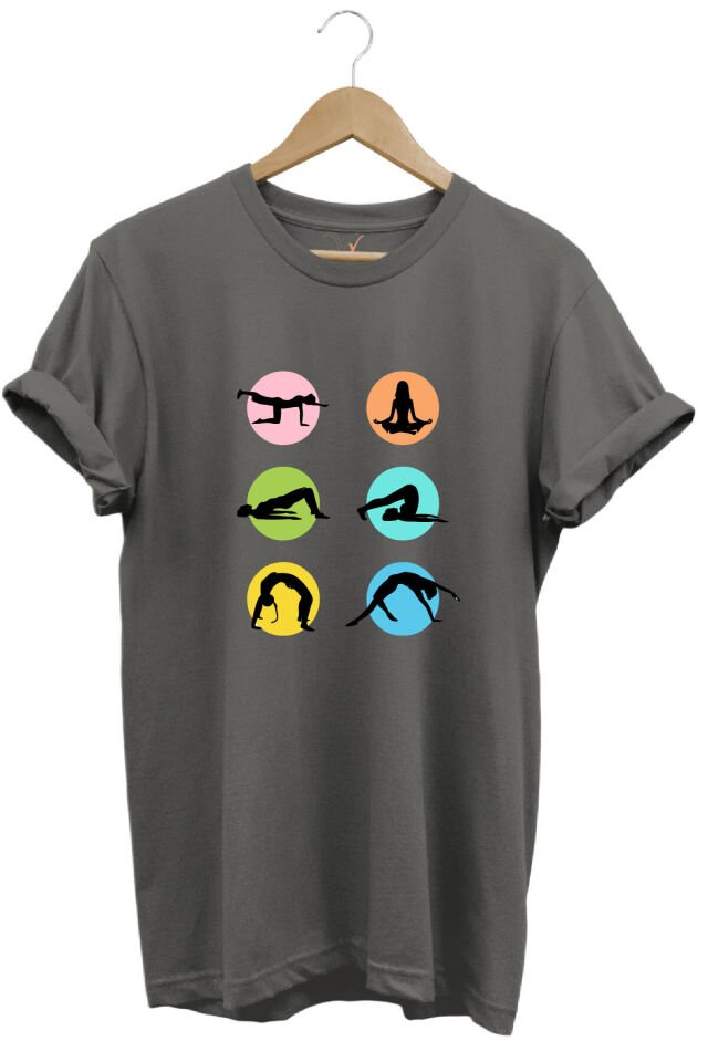 Yoga Meditasyon Hareketleri Baskılı %100 Pamuk Regular Fit Bisiklet Yaka Mavi T-shirt Gri - S