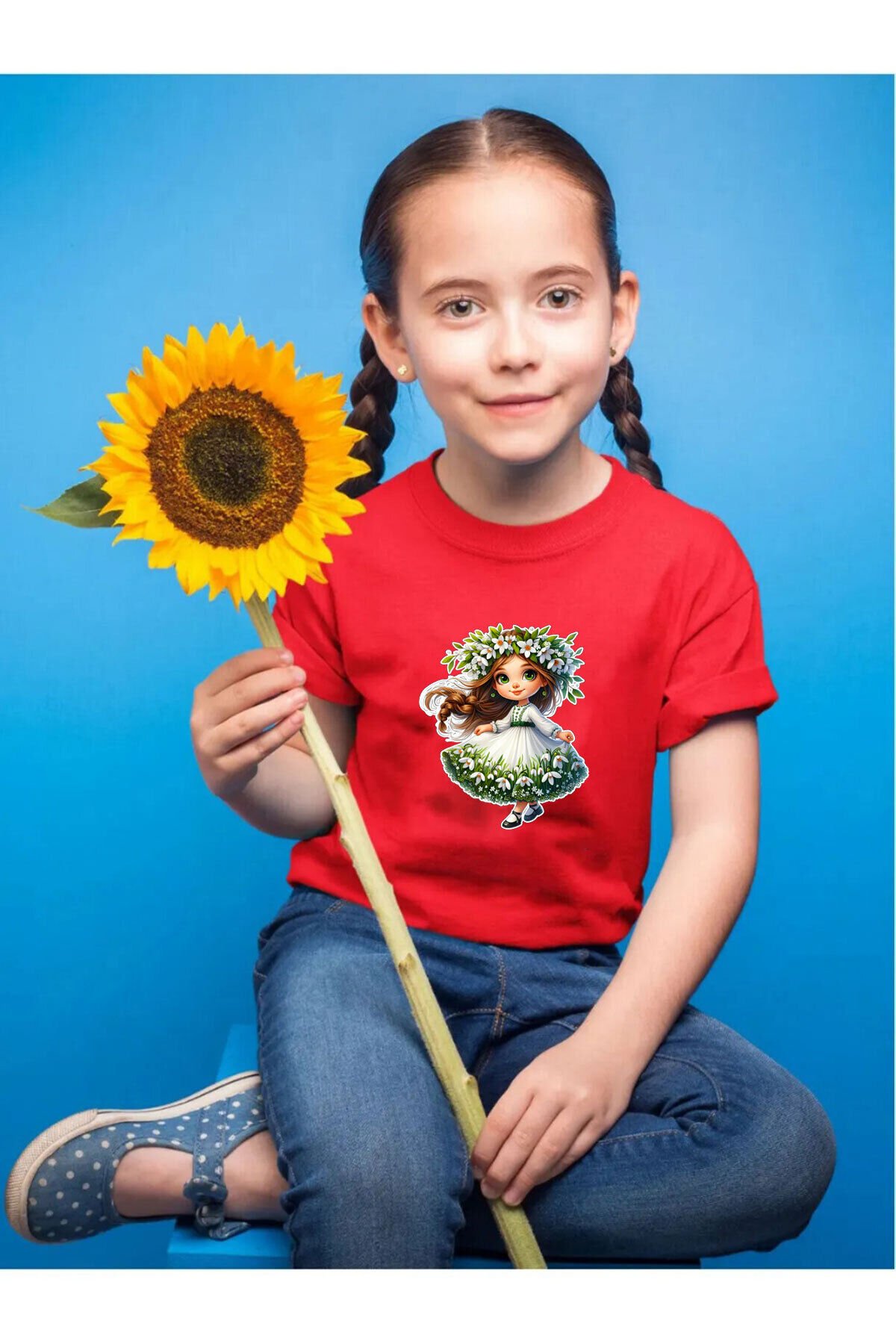 Sevimli Prenses Baskılı Çocuk %100 Pamuk Siyah T-shirt Kırmızı - 7-8 Yaş
