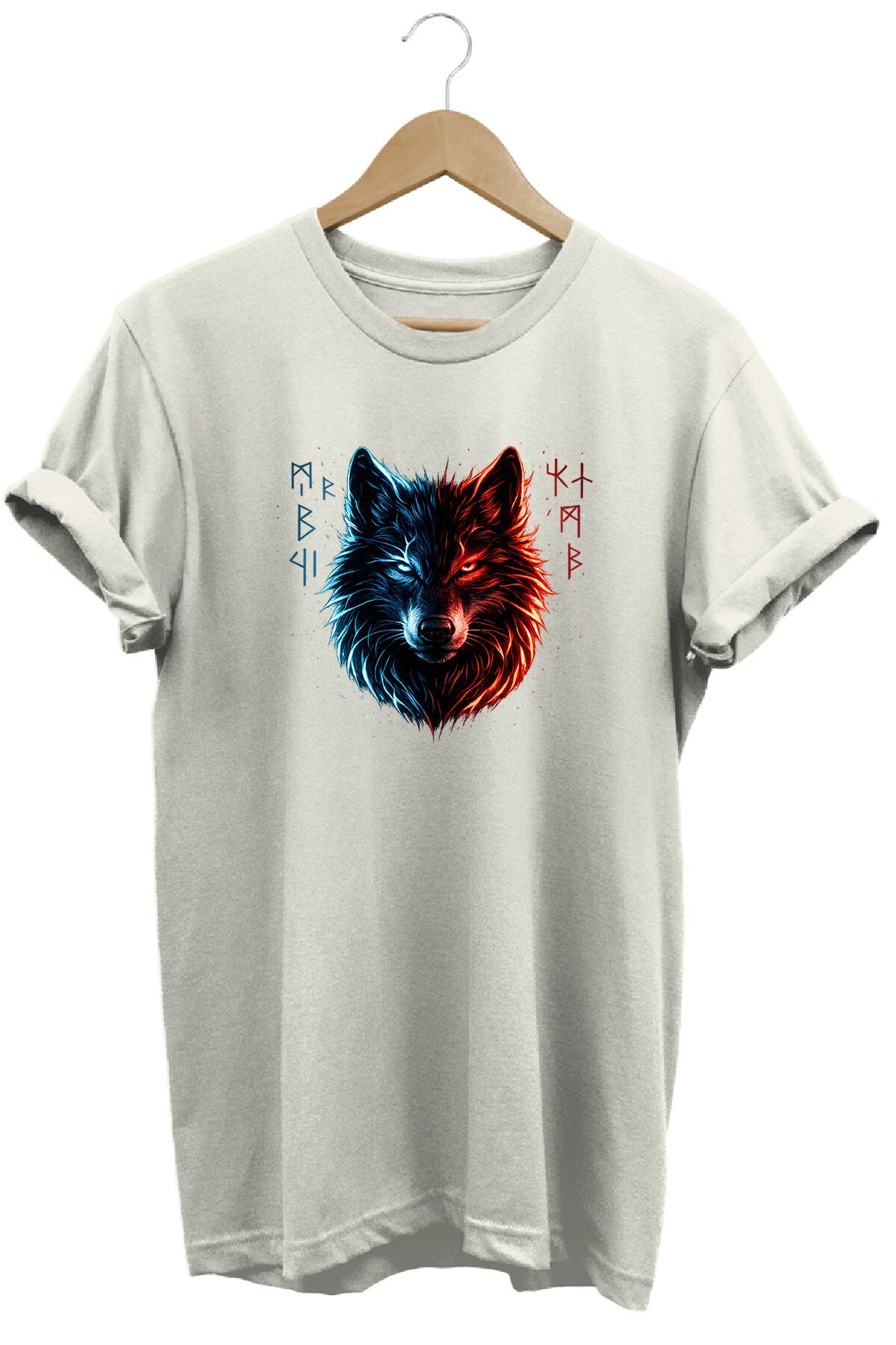 Unisex Göktürkçe Yazılı Neon Bozkurt Baskılı Sokak Stili Özel Tasarım Tişört Ekru - 2XL