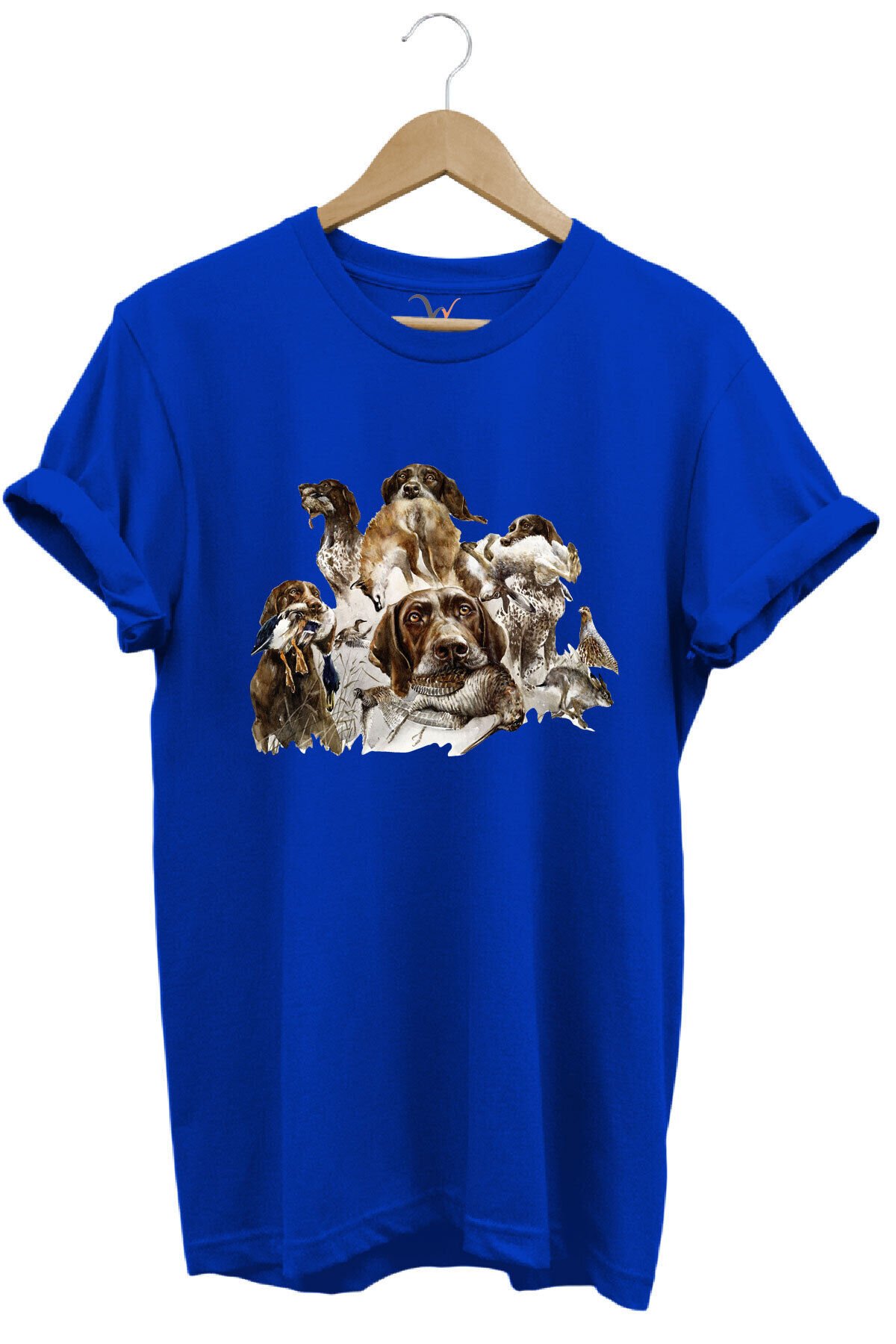 Av Köpekleri ve Kuş Temalı %100 Pamuk Unisex Regular Fit T-Shirt Mavi - M