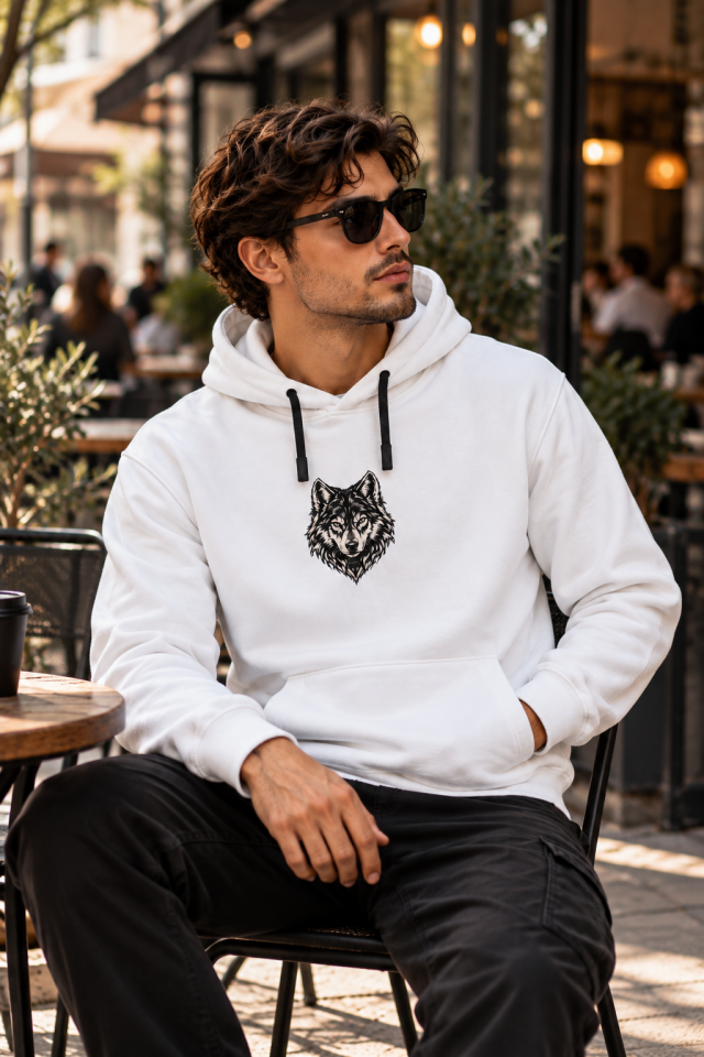 Unisex Minimal Kurt Baskılı Kapüşonlu Sweatshirt Wolf Desenli Hoodie