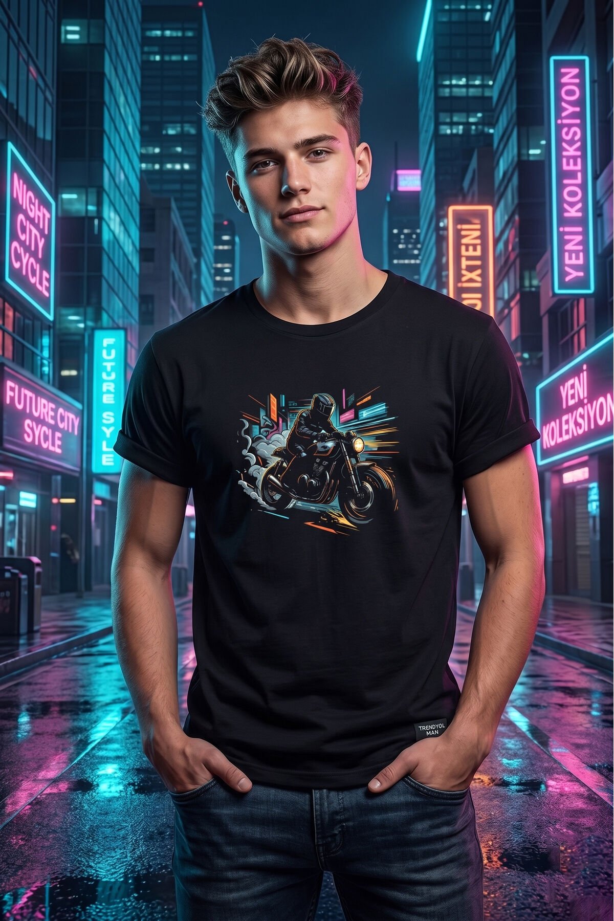 Unisex Neon Cyberpunk Motosiklet Baskılı Özel Tasarım %100 Pamuklu Bisiklet Yaka Tişört T-shirt Siyah - M