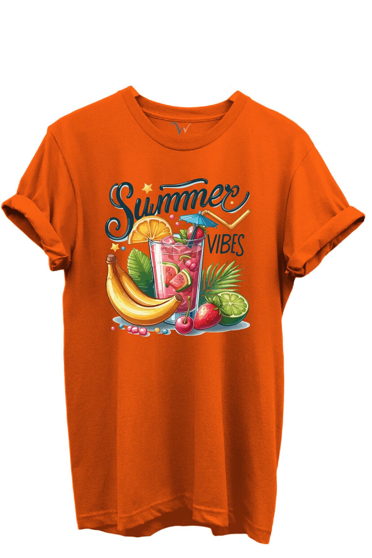 Summer Vibes Yazılı Meyve Kokteyli ve Tropik Desenli %100 Pamuk Regular Fit Unisex T-Shirt Turuncu - 2XL