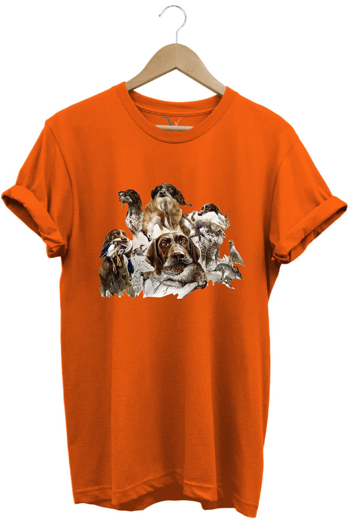 Av Köpekleri ve Kuş Temalı %100 Pamuk Unisex Regular Fit T-Shirt Turuncu - XL