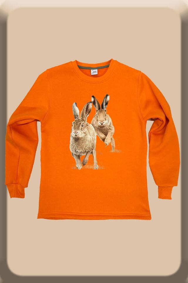 Avcılık Hunter Tavşan Avı Baskılı %100 Pamuk Regular Fit Bisiklet Yaka Turuncu Sweatshirt