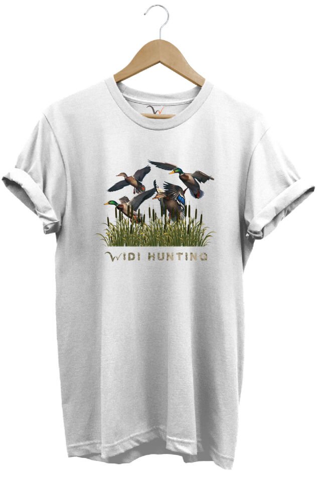 Widi Hunting Avcılık Ördek Avı Baskılı %100 Pamuk Regular Fit Bisiklet Yaka Mavi T-shirt Beyaz - S