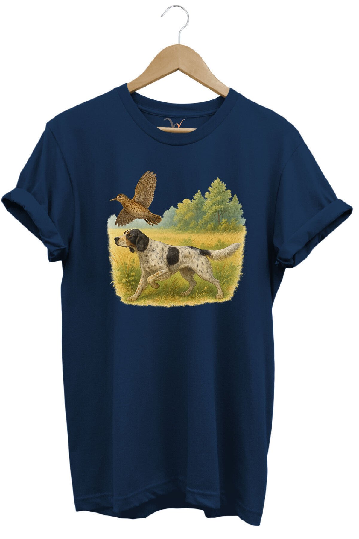 Hunting Avcılık Vahşi Yaşam Avcı Köpeği ve Çulluk Kuşu Baskılı %100 Pamuk Regular Fit T-Shirt Lacivert - L