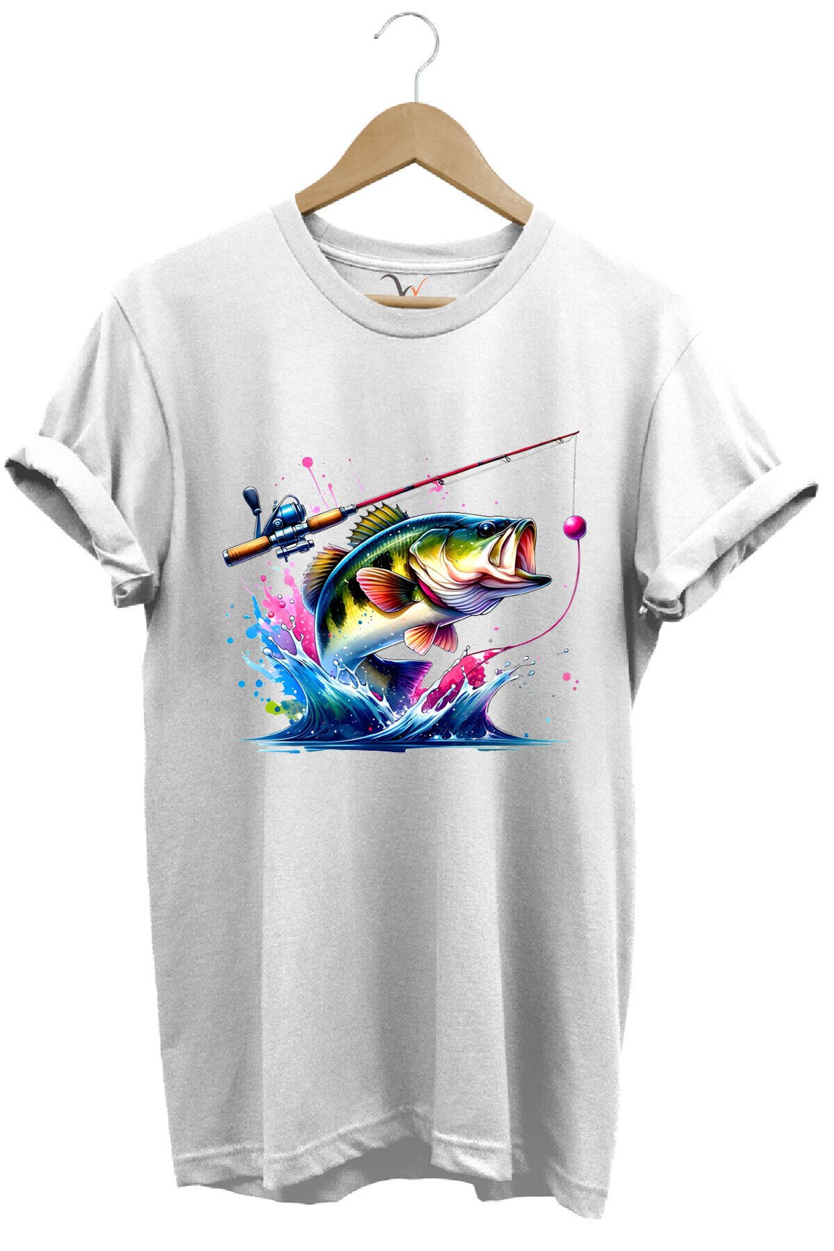 Fishing Balıkçılık Renkli Levrek Balığı Baskılı Avcılık %100 Pamuk Regular Fit Unisex T-Shirt Beyaz - L