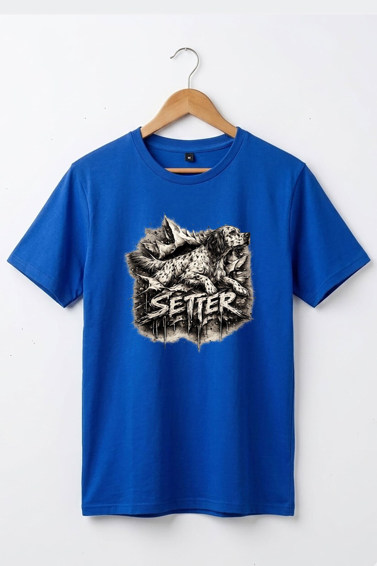 Unisex English Setter Köpek Baskılı Özel Tasarım Hunting Doğa %100 Pamuk Basic T-Shirt Mavi - XL