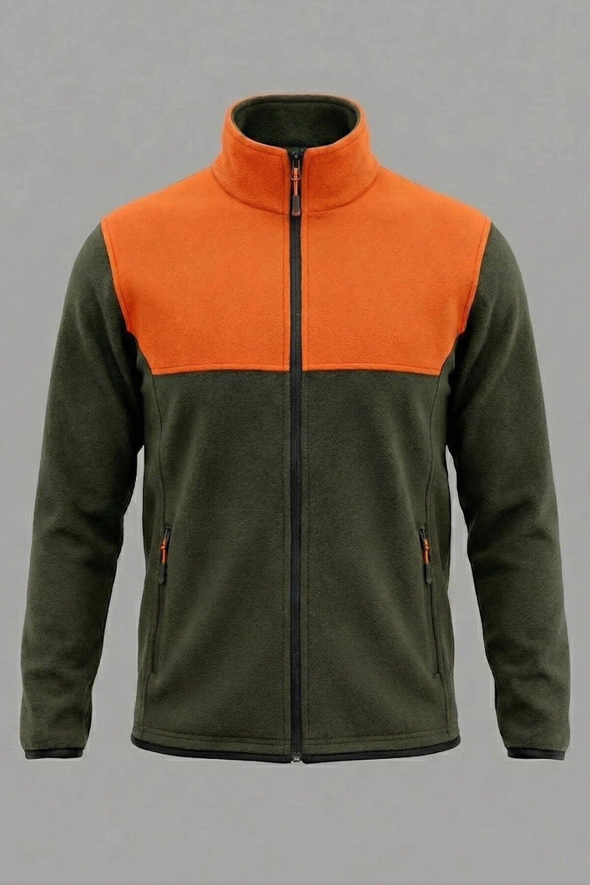 Tüylenme Yapmaz Unisex Regular Kalıp Çift Renk Tam Fermuarlı Dik Yaka Turuncu Haki Polar Sweatshirt
