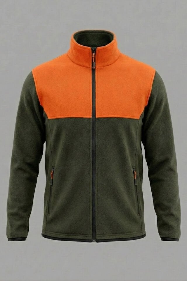 Tüylenme Yapmaz Unisex Regular Kalıp Çift Renk Tam Fermuarlı Dik Yaka Turuncu Haki Polar Sweatshirt