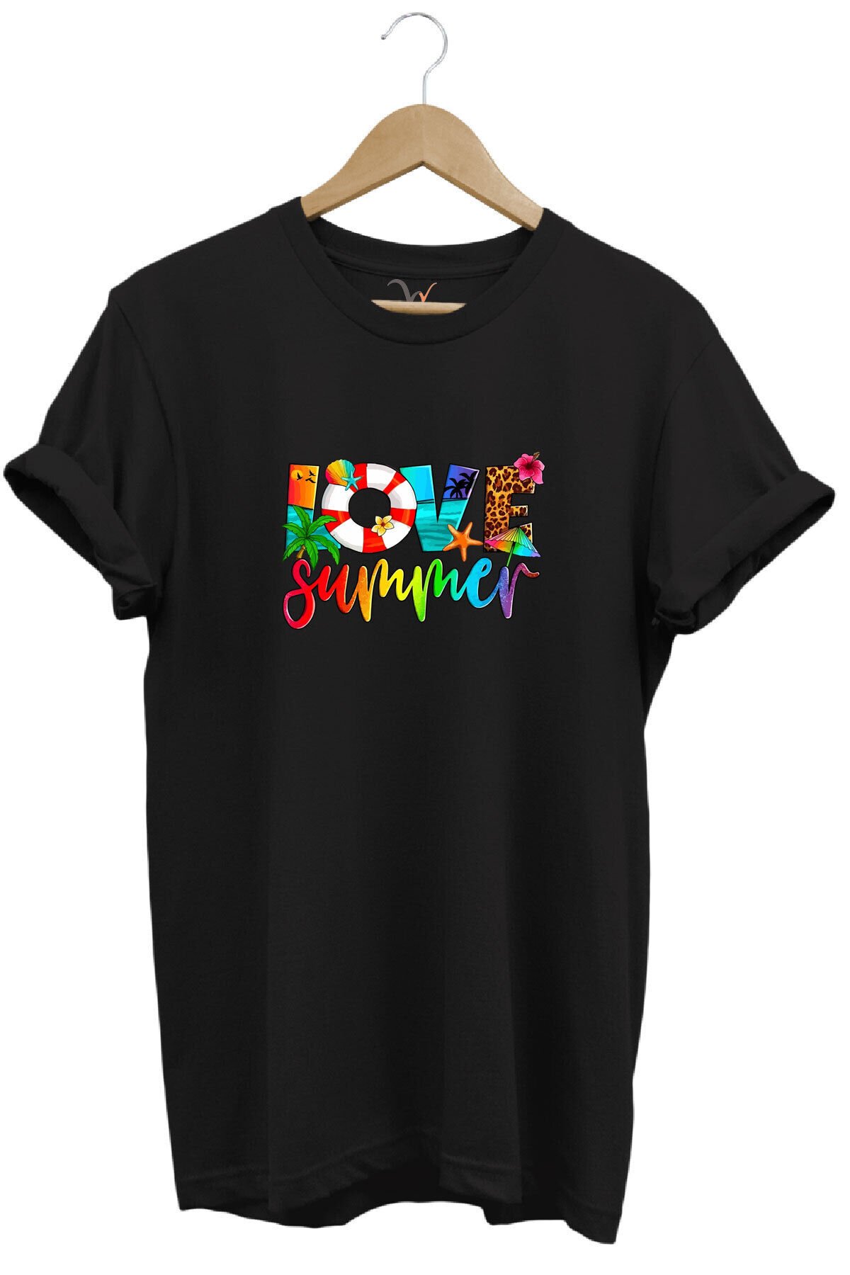 Yaz Love Summer Yazı Baskılı Deniz Sahil Kumsal Desenli %100 Pamuk Regular Fit Bisiklet Yaka T-Shirt Siyah - 4XL