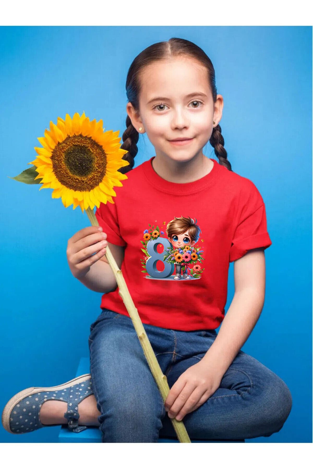 8 Yaş Doğum Günü Baskılı Regular Fit %100 Pamuk Çocuk Beyaz T-shirt Kırmızı - 5-6 Yaş