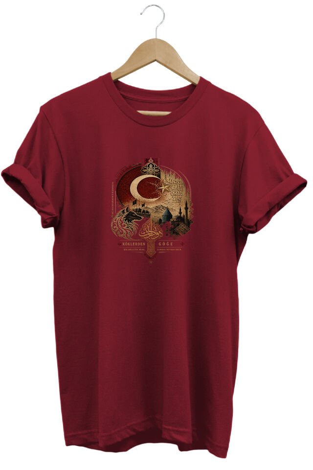 Bozkurt ve Ay Yıldız Baskılı Tarihi Motifli Özel Tasarım Tişört Bordo - XL