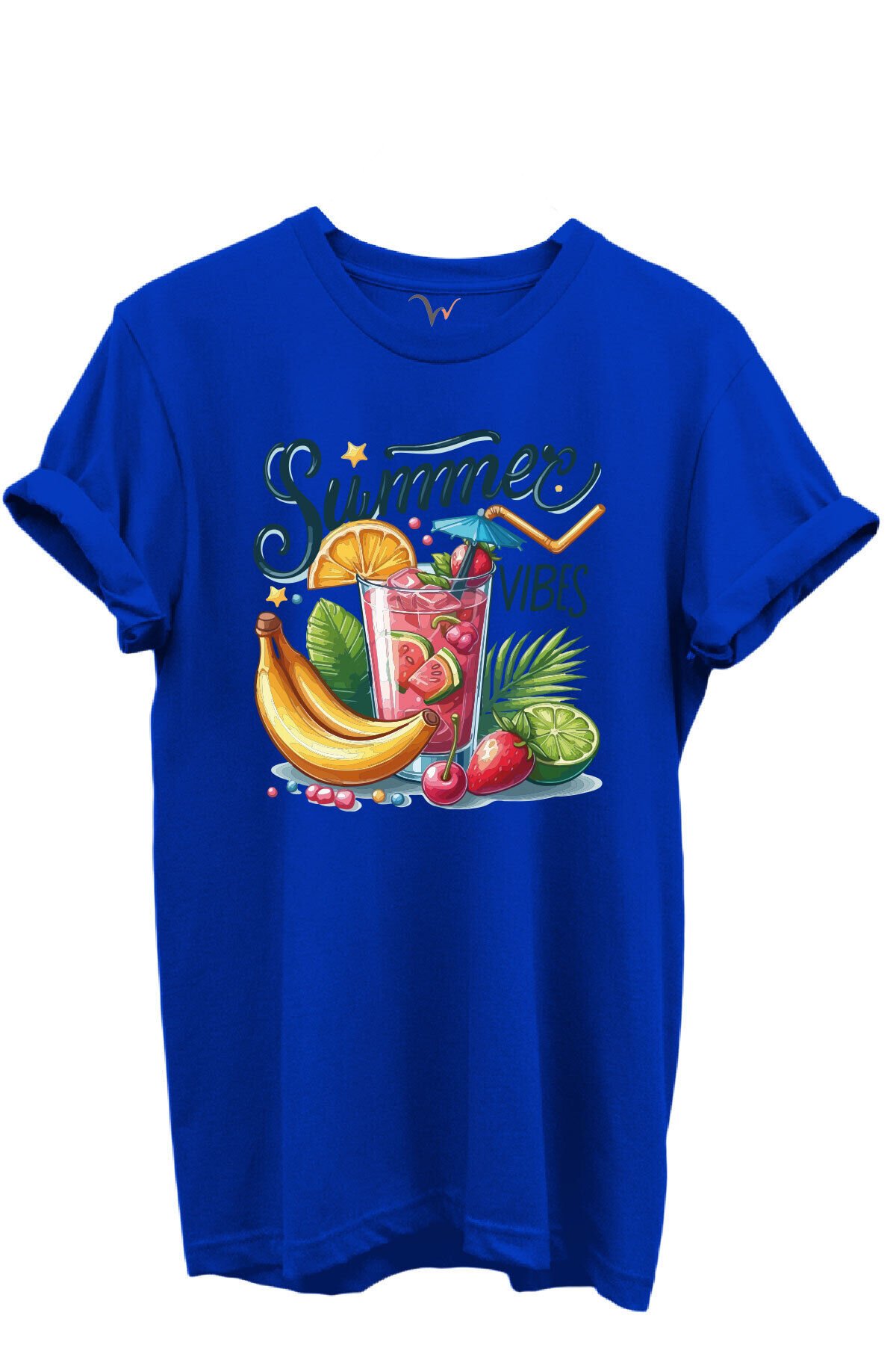 Summer Vibes Yazılı Meyve Kokteyli ve Tropik Desenli %100 Pamuk Regular Fit Unisex T-Shirt Mavi - L