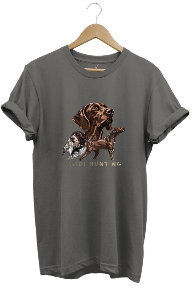 Avcılık Hunter Kurzhaar Av Köpeği ve Çulluk Baskılı %100 Pamuk Regular Fit Unisex T-Shirt Gri - M
