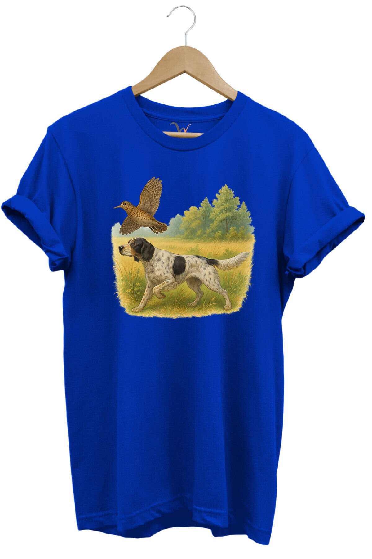 Hunting Avcılık Vahşi Yaşam Avcı Köpeği ve Çulluk Kuşu Baskılı %100 Pamuk Regular Fit T-Shirt Mavi - L