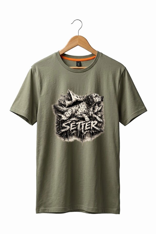 Unisex English Setter Köpek Baskılı Özel Tasarım Hunting Doğa %100 Pamuk Basic T-Shirt Haki - L