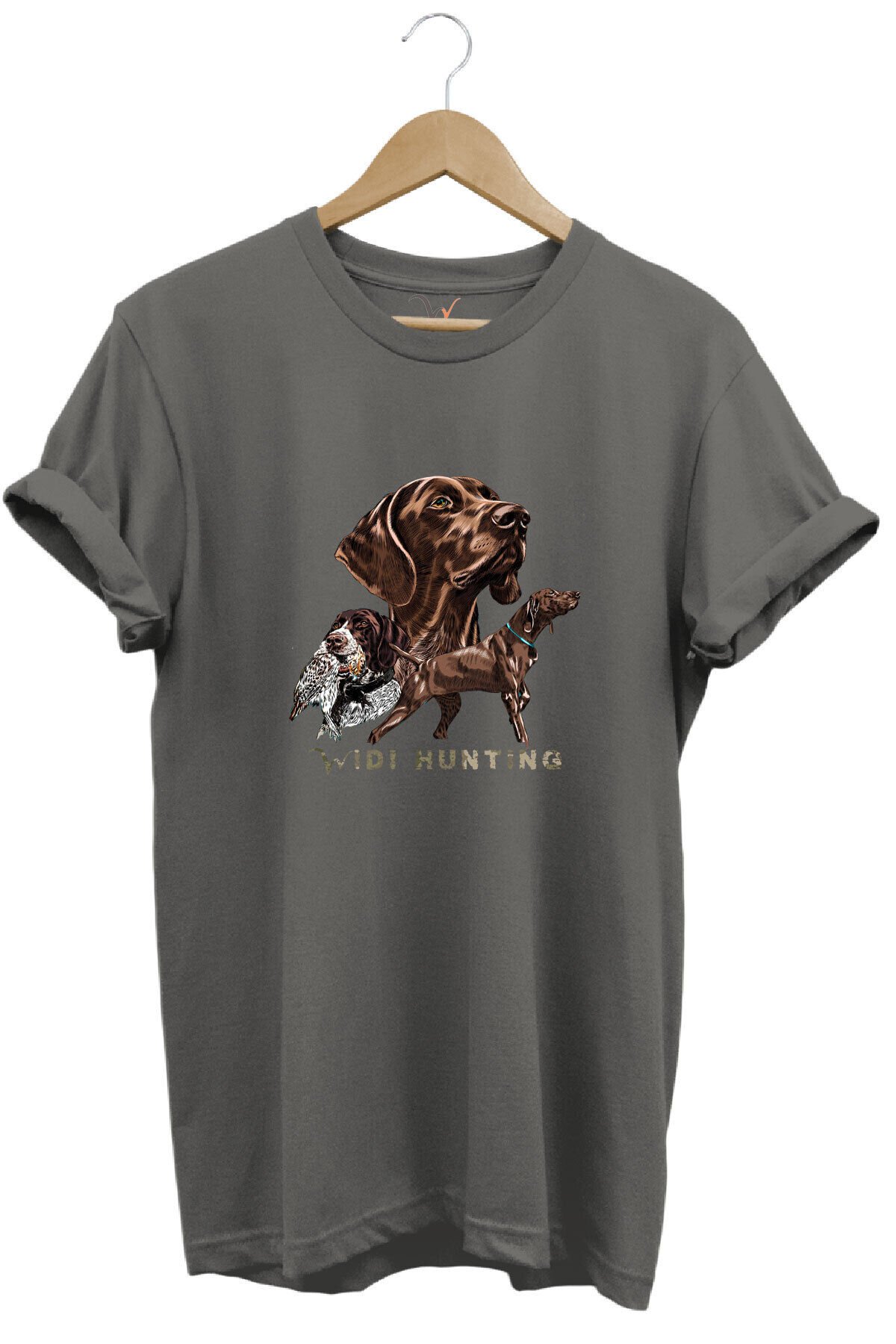 Avcılık Hunter Kurzhaar Av Köpeği ve Çulluk Baskılı %100 Pamuk Regular Fit Unisex T-Shirt Gri - 3XL