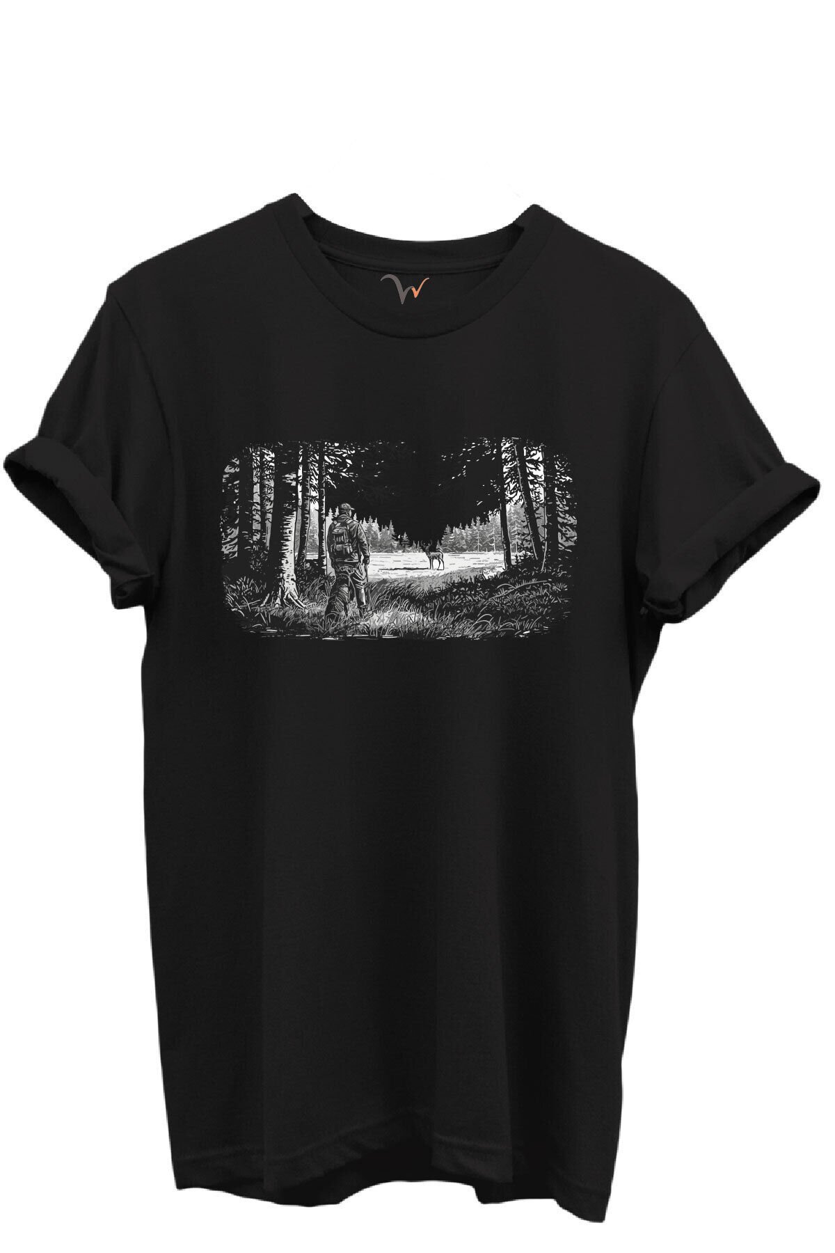 Avcı ve Geyik Orman Manzarası Çizim Baskılı %100 Pamuk Regular Fit Bisiklet Yaka Unisex T-shirt Siyah - 5XL