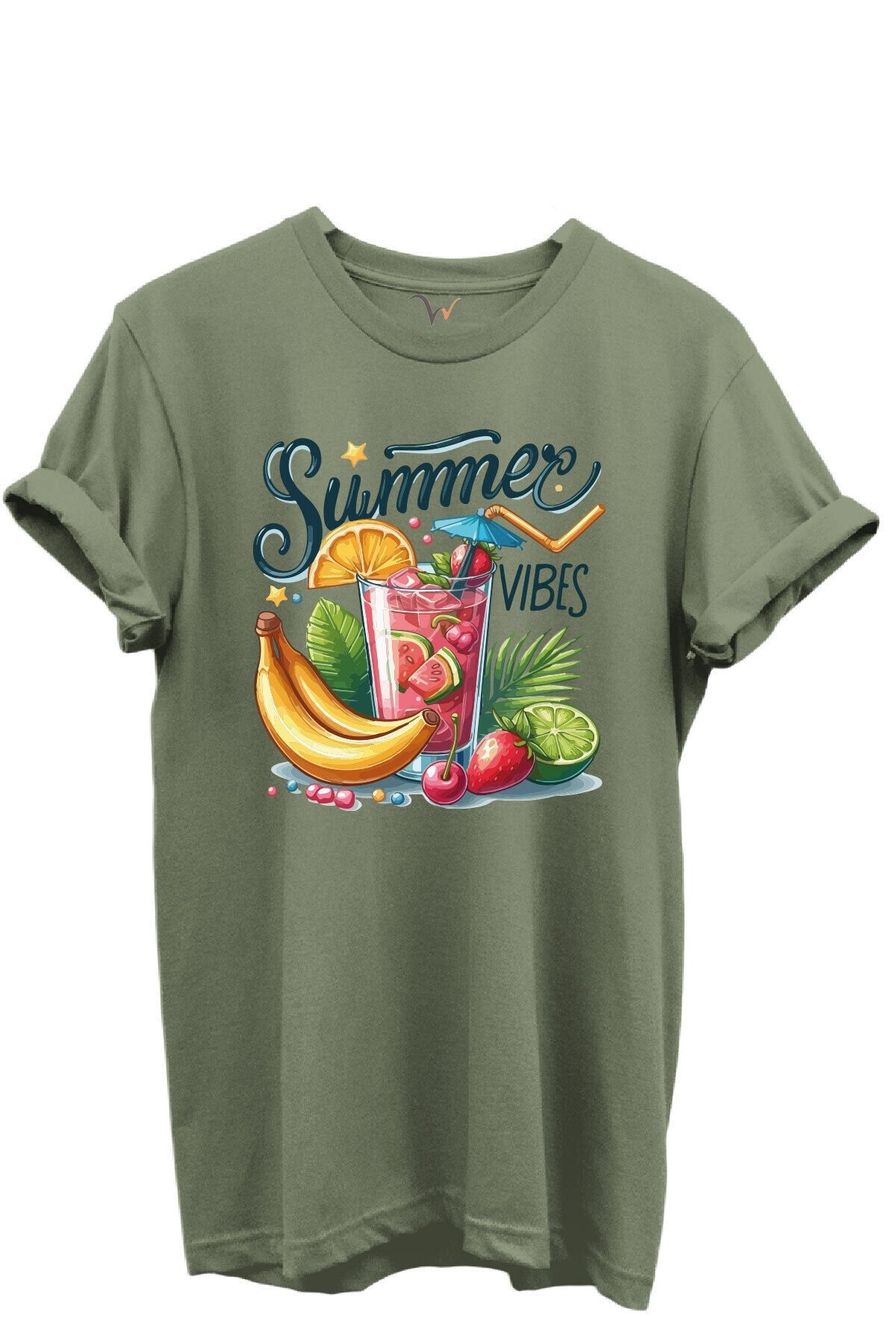 Summer Vibes Yazılı Meyve Kokteyli ve Tropik Desenli %100 Pamuk Regular Fit Unisex T-Shirt Haki - XL