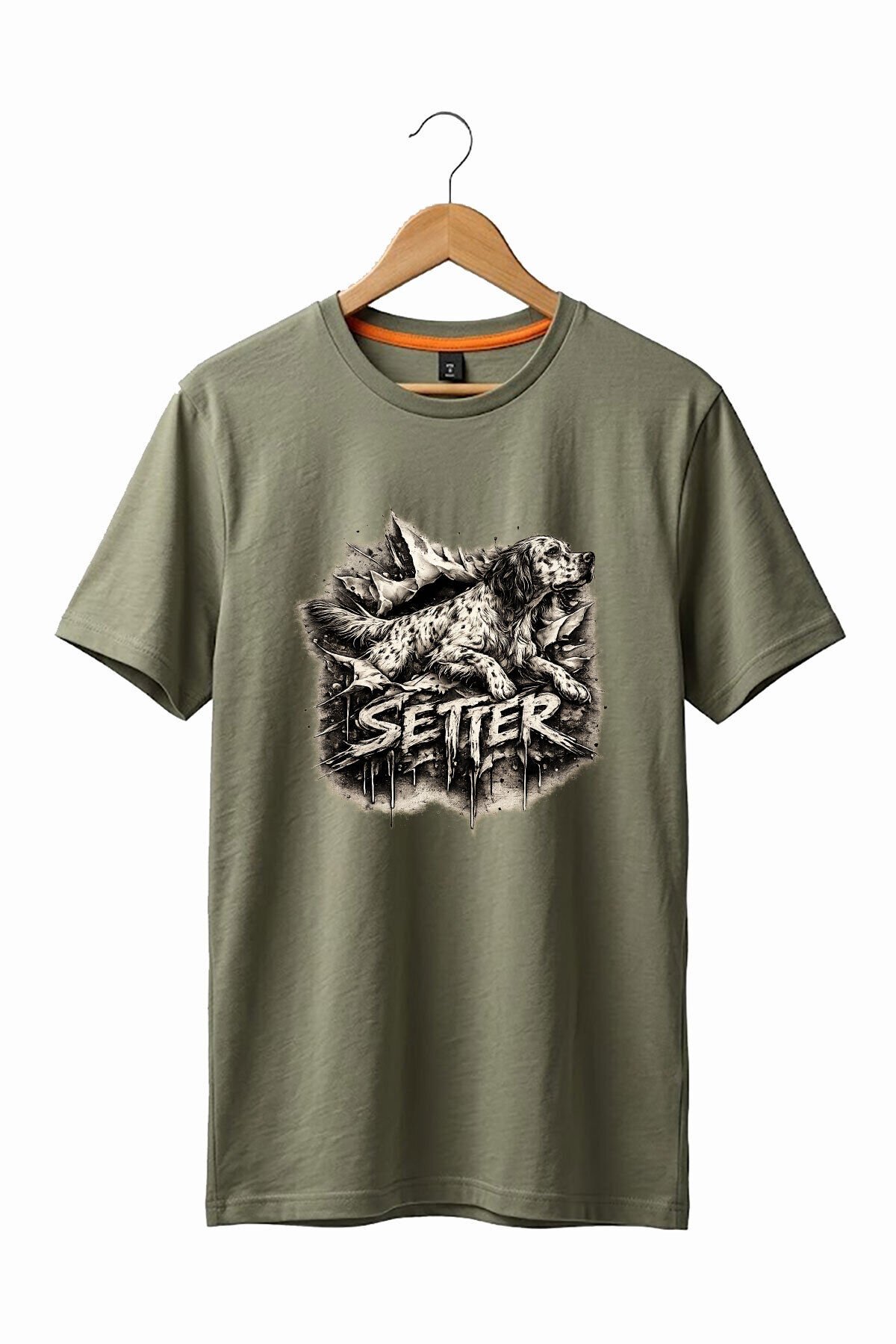 Unisex English Setter Köpek Baskılı Özel Tasarım Hunting Doğa %100 Pamuk Basic T-Shirt Haki - 2XL