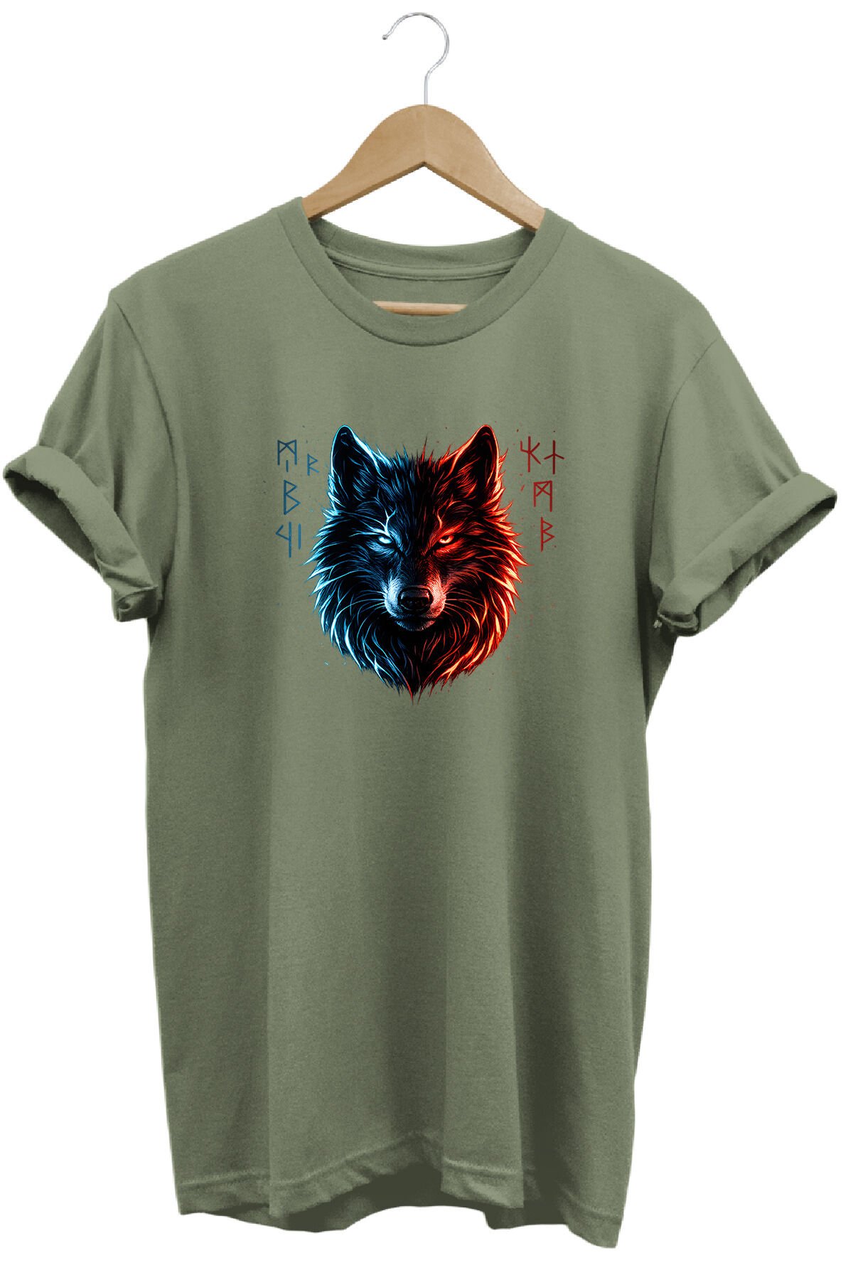 Unisex Göktürkçe Yazılı Neon Bozkurt Baskılı Sokak Stili Özel Tasarım Tişört Haki - XL