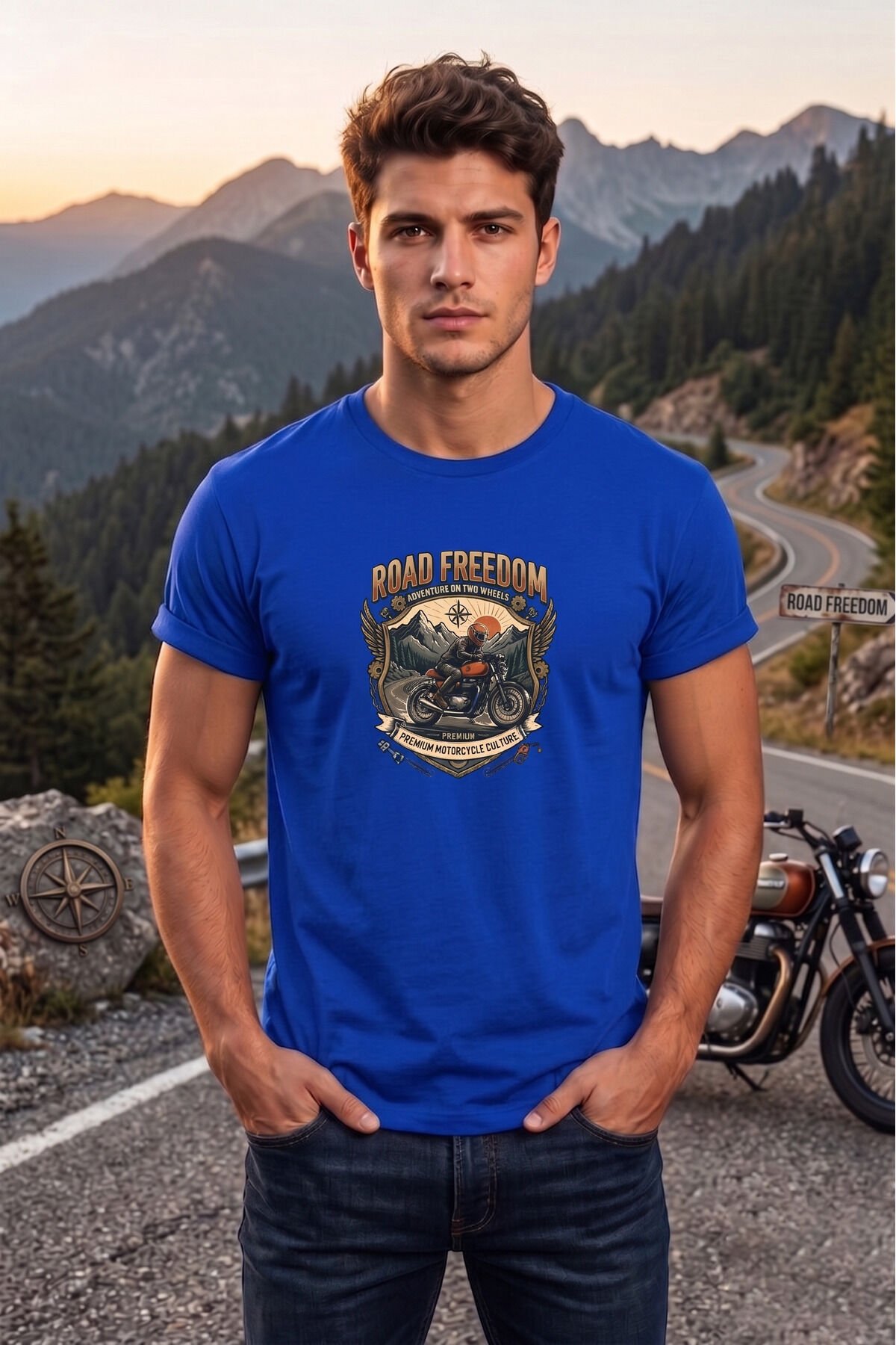 Road Freedom Motorsiklet Baskılı Erkek Tişört Vintage Retro Tasarım Bisiklet Yaka Saks Mavi - S