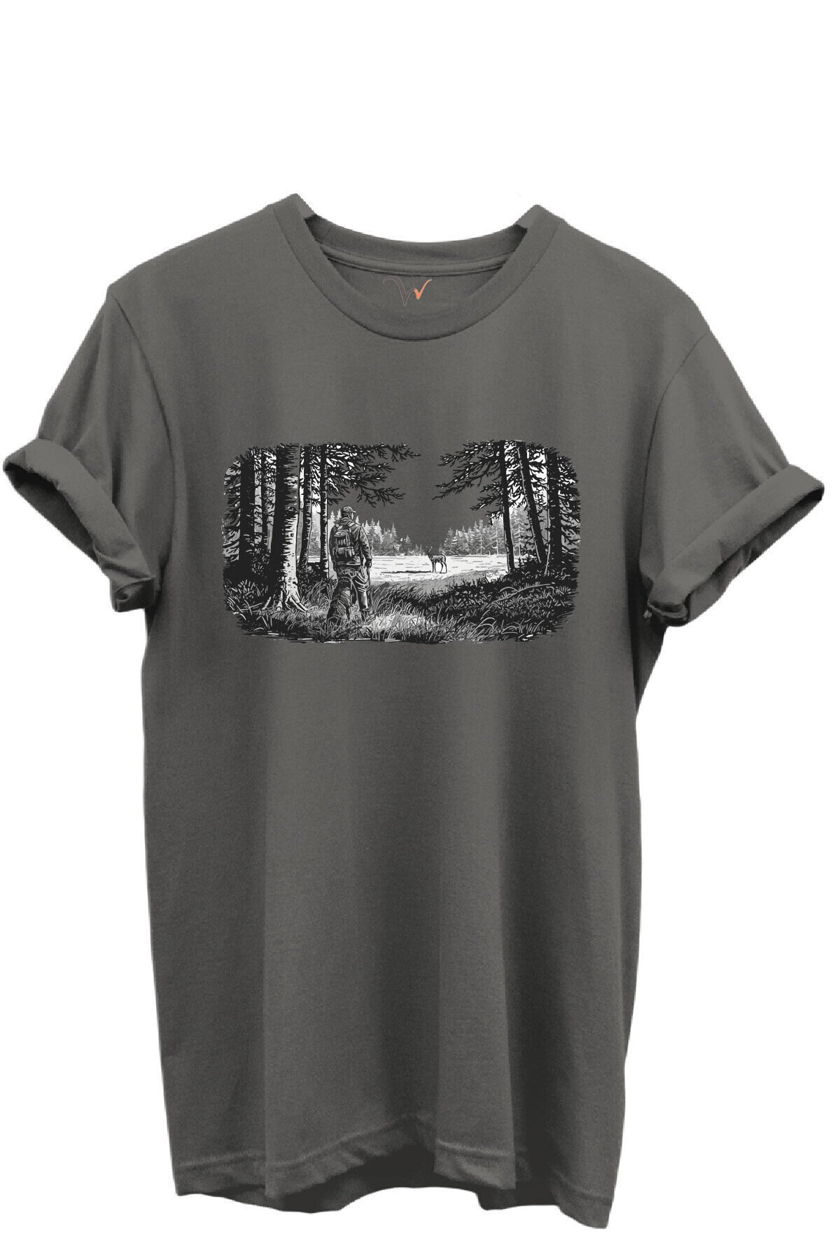 Avcı ve Geyik Orman Manzarası Çizim Baskılı %100 Pamuk Regular Fit Bisiklet Yaka Unisex T-shirt Antrasit Gri - XL