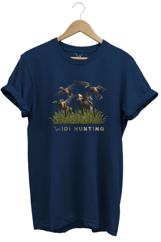 Widi Hunting Avcılık Ördek Avı Baskılı %100 Pamuk Regular Fit Bisiklet Yaka Mavi T-shirt Lacivert - L