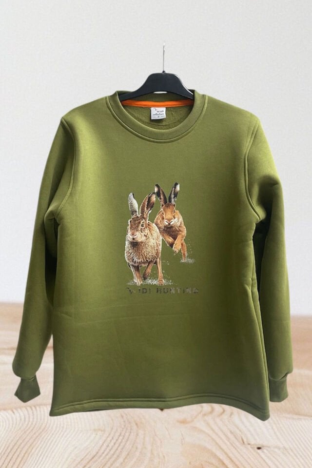 Hunter Avcılık Tavşan Avı Baskılı Regular Fit %100 Pamuk Regular Fit Bisiklet Yaka Sweatshirt