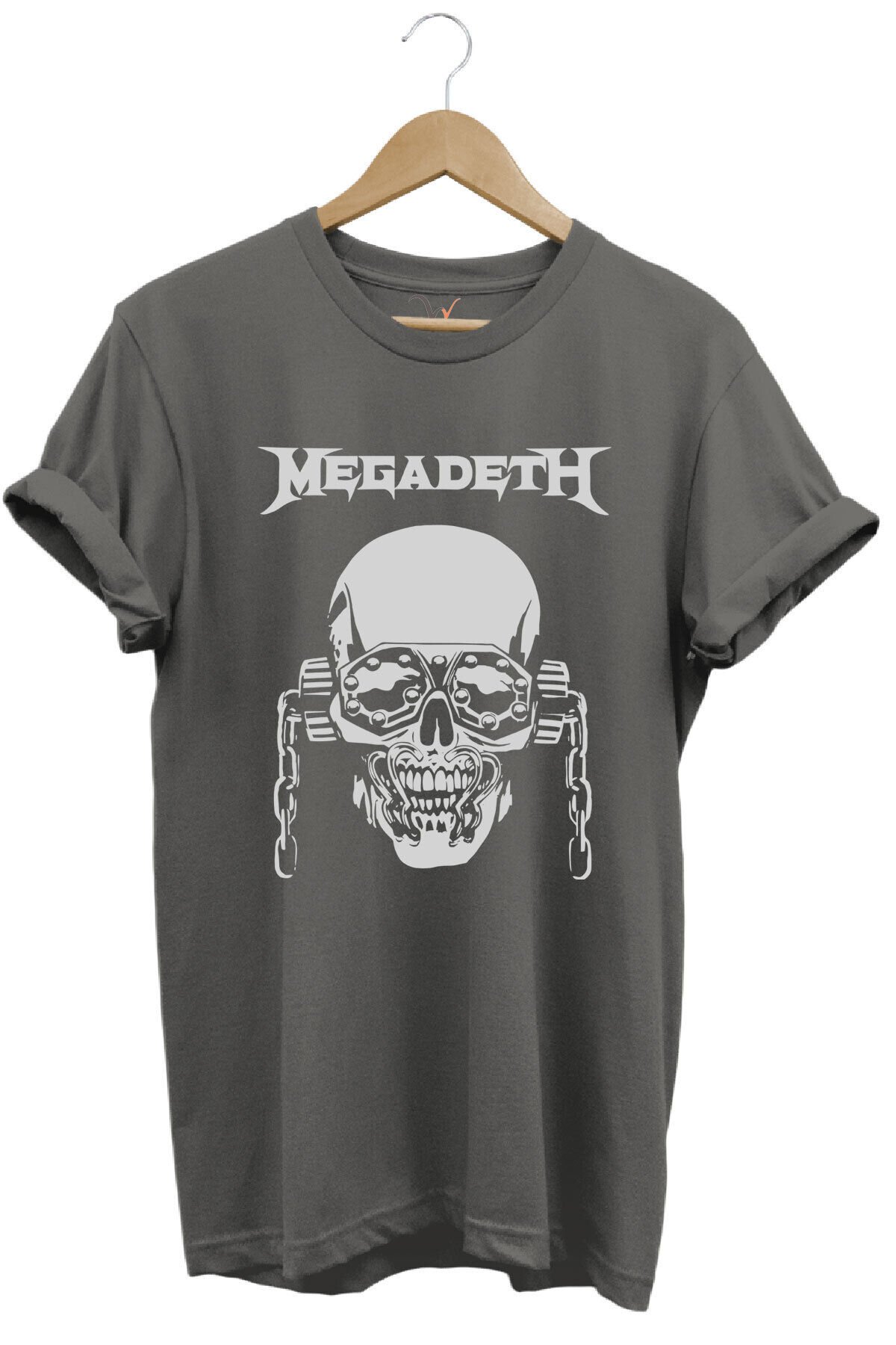 Heavy Metal Unisex Megadeth Skull Baskılı %100 Pamuk Regular Fit Bisiklet Yaka Haki T-shirt Gri - 2XL