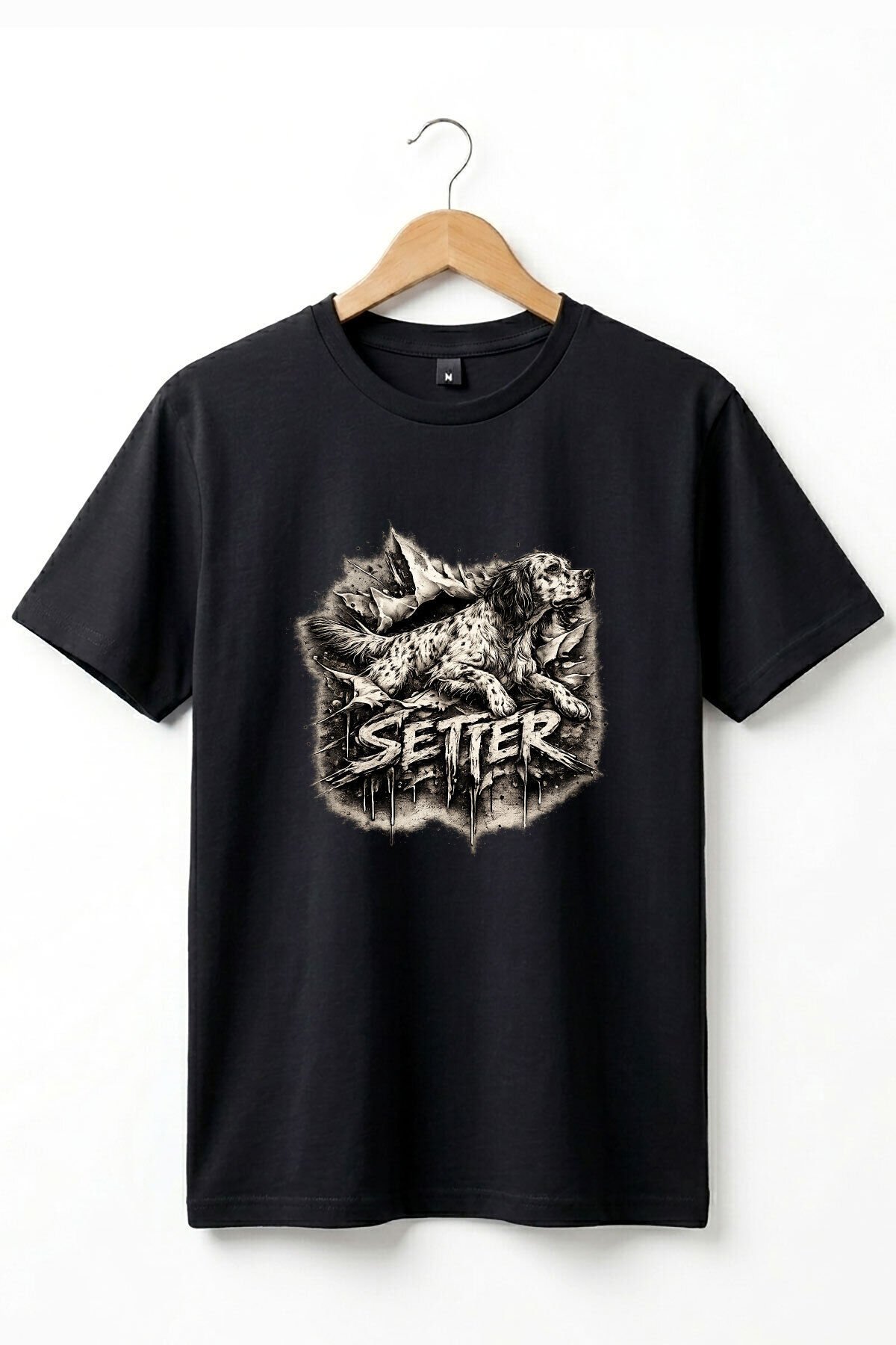 Unisex English Setter Köpek Baskılı Özel Tasarım Hunting Doğa %100 Pamuk Basic T-Shirt Siyah - S