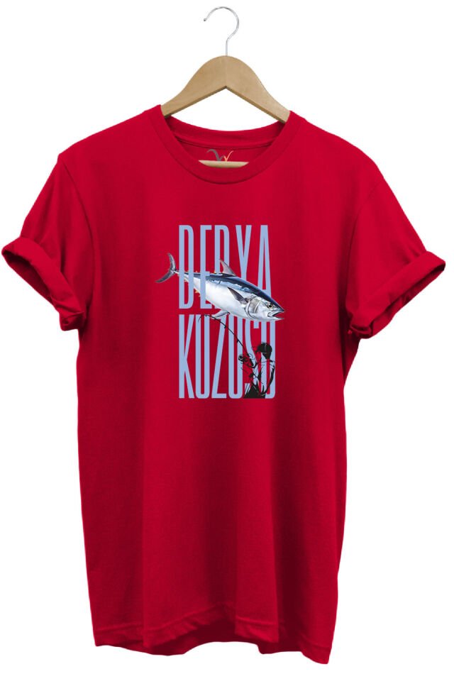 Fishing Balık Avcılığı Palamut Balığı Derya Kuzusu Tasarım Baskılı Regular Fit Bisiklet Yaka T-Shirt Kırmızı - 2XL