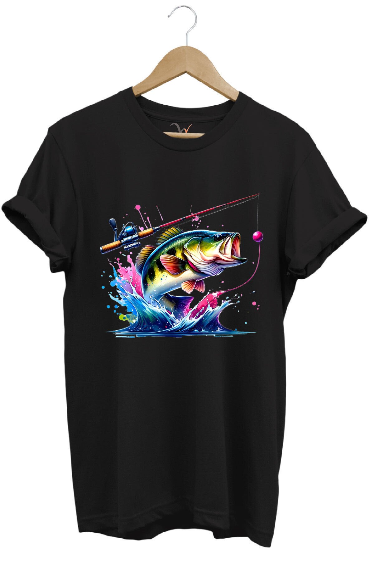 Fishing Balıkçılık Renkli Levrek Balığı Baskılı Avcılık %100 Pamuk Regular Fit Unisex T-Shirt Siyah - 3XL