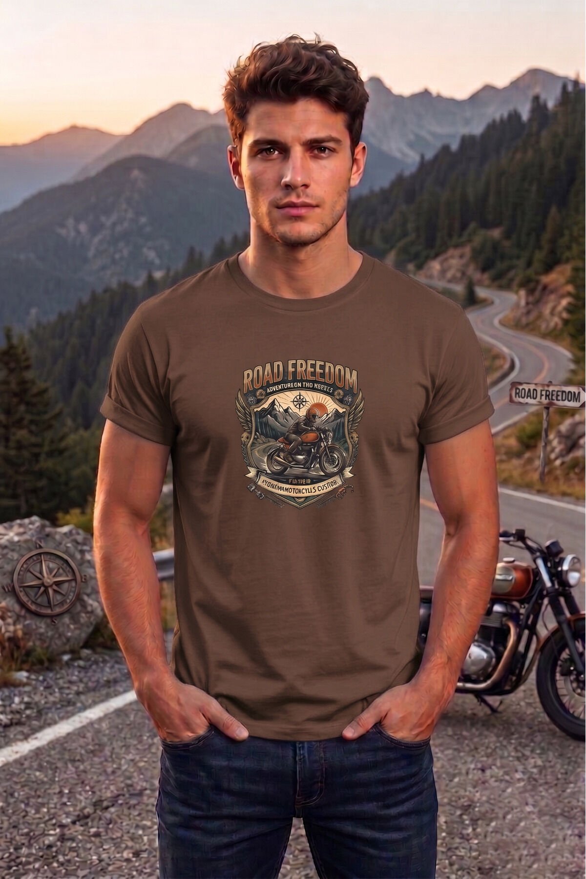Road Freedom Motorsiklet Baskılı Erkek Tişört Vintage Retro Tasarım Bisiklet Yaka Kumul Kahve - XL
