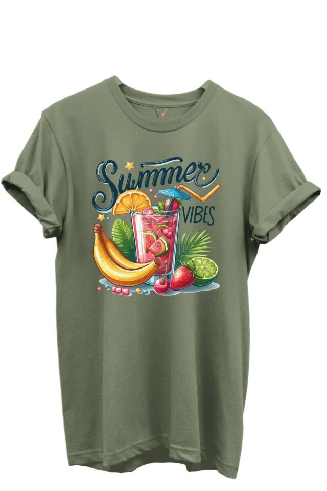 Summer Vibes Yazılı Meyve Kokteyli ve Tropik Desenli %100 Pamuk Regular Fit Unisex T-Shirt Haki - M
