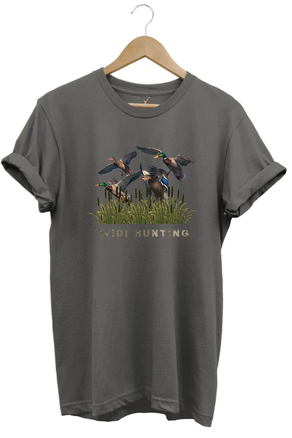 Widi Hunting Avcılık Ördek Avı Baskılı %100 Pamuk Regular Fit Bisiklet Yaka Mavi T-shirt Gri - XL