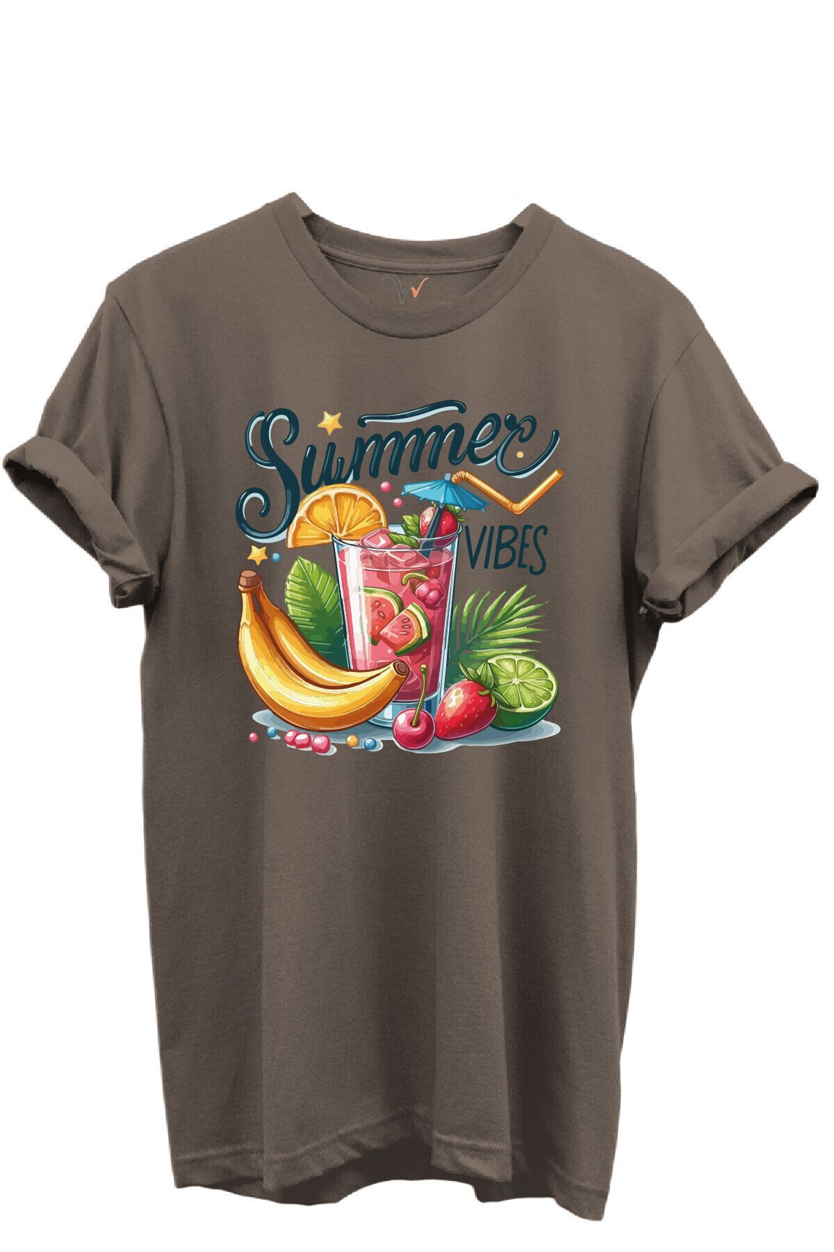 Summer Vibes Yazılı Meyve Kokteyli ve Tropik Desenli %100 Pamuk Regular Fit Unisex T-Shirt Kahverengi - M