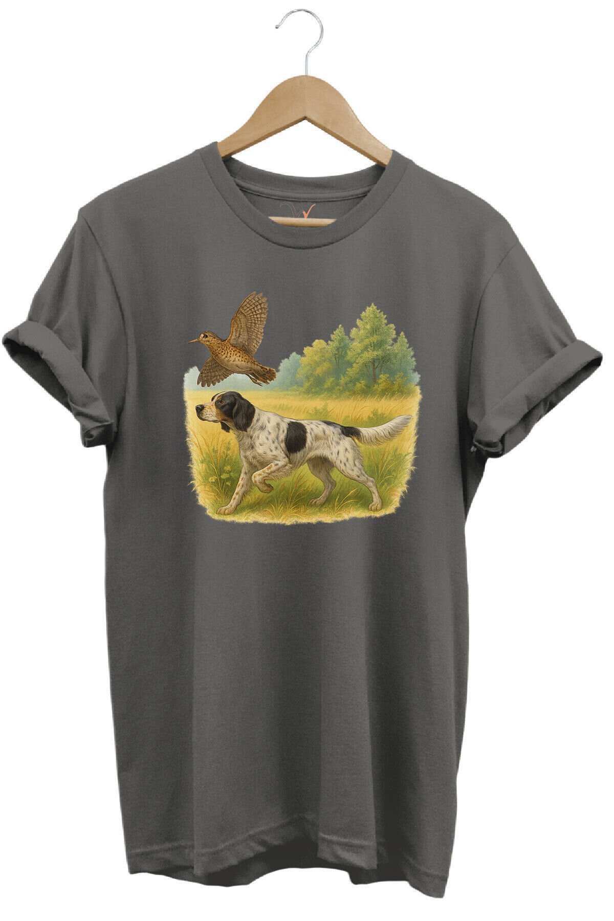 Hunting Avcılık Vahşi Yaşam Avcı Köpeği ve Çulluk Kuşu Baskılı %100 Pamuk Regular Fit T-Shirt Gri - L